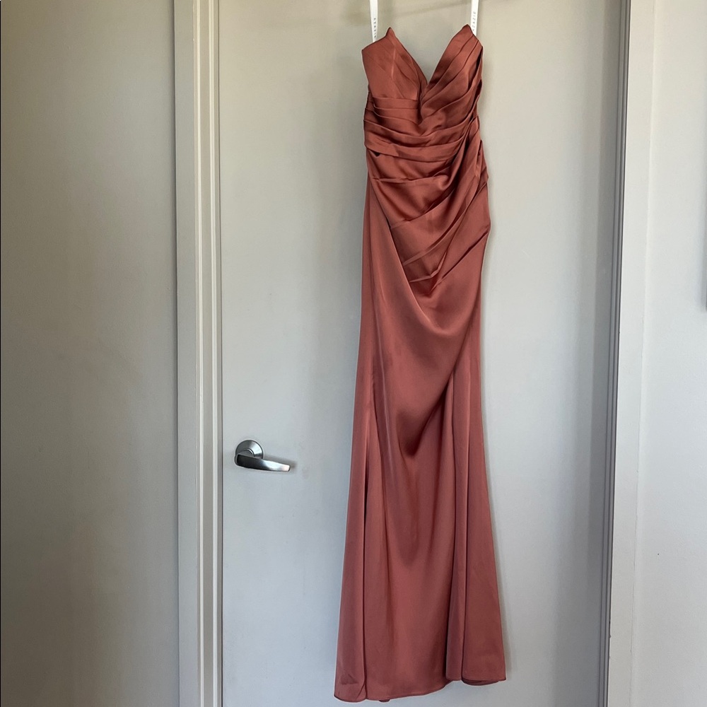 Azazie Strapless Rust/Brown Evening Gown - Picture 3 of 4